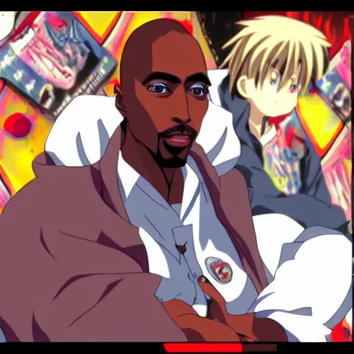 Image similar to Tupac Shakur, screenshot from a 2012s anime