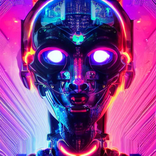 Prompt: face of cybernetic anubis, futuristic, cyberpunk, symmetric, digital illustration, photo - realistic, macro, extremely detailed, vivid, neon, dramatic lighting, intricate details