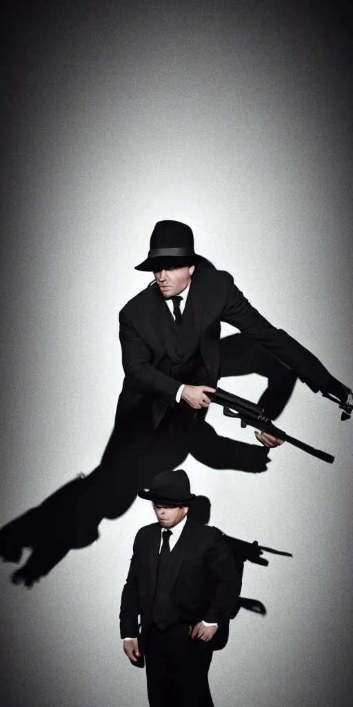 Image similar to serious looking man in a black suit and black fedora hat. he has a big silver gun, 4 k, atmospheric, epic scene, strong shadows, high contrast