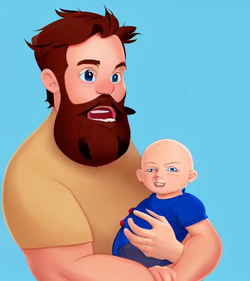 Image similar to a father with short red hair, a short red beard and blue eyes and a chubby face hold his infant baby boy with bald brown hair full color digital illustration in the style of don bluth, artgerm, artstation trending, 4 k