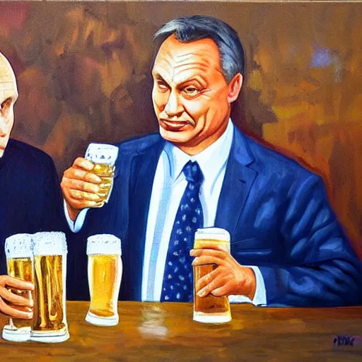 Image similar to viktor orban drinking beer with putin, anatomically correct, oil painting, highly detailed