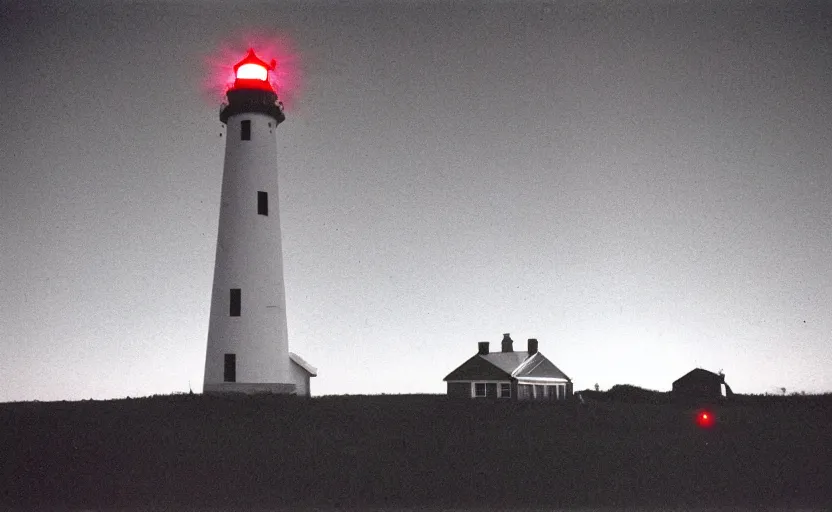 Image similar to lighthouse that shines with a red beam, field, night, unsettling, photo 1998