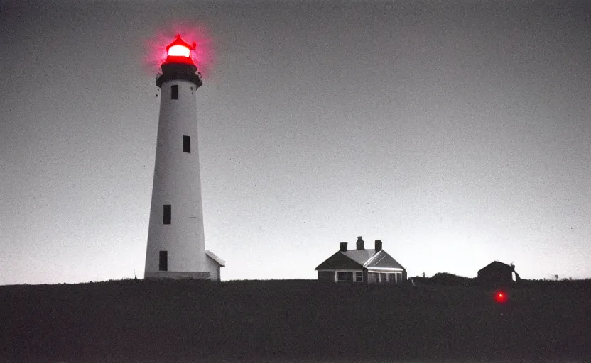 Prompt: lighthouse that shines with a red beam, field, night, unsettling, photo 1998