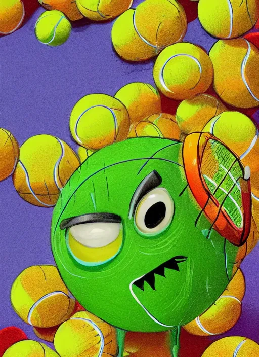 Image similar to tennis ball monsters playing tennis, a tennis ball monster, tennis ball, colorful, digital art, fantasy, magic, trending on artstation, ultra detailed, professional illustration, chalk, poster artwork by basil gogos, clean