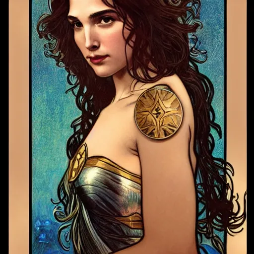 Image similar to gal gadot portrait by louis - theophile hingre and alphonse mucha, realistic, sharp focus, zodiac signs, tarot cards, planets, ethereal, art nouveau, magic, moon, sun, crown, dreamy, royal, jewellery