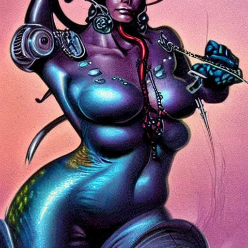 Prompt: mermaid cyborg with a laser whip, realistic, detailed, in the style of boris vallejo