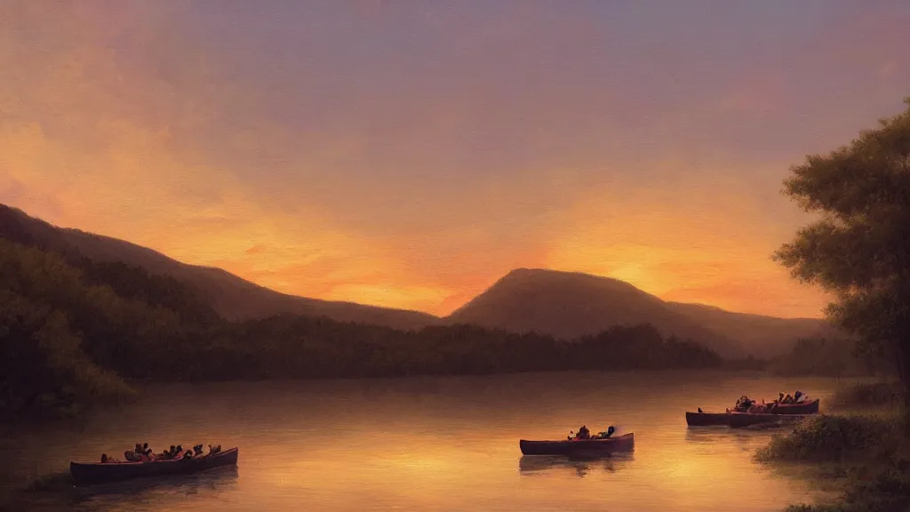 Prompt: painting of a beautiful landscape, evening sunset, hills, river, canoe, group of canoes floating down a river, beach, by noah bradley and greg rutkowski