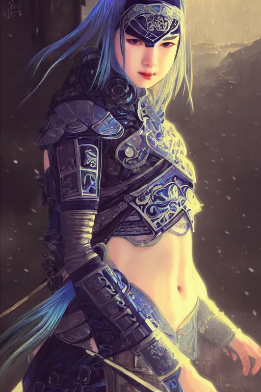 Image similar to portrait Ninja gaiden girl, armored blue and whte ninja wardrobe, in ruin japanese rainny temple moon night, ssci-fi and fantasy, intricate and very very beautiful and elegant, highly detailed, digital painting, artstation, concept art, smooth and sharp focus, illustration, art by tian zi and WLOP and alphonse mucha