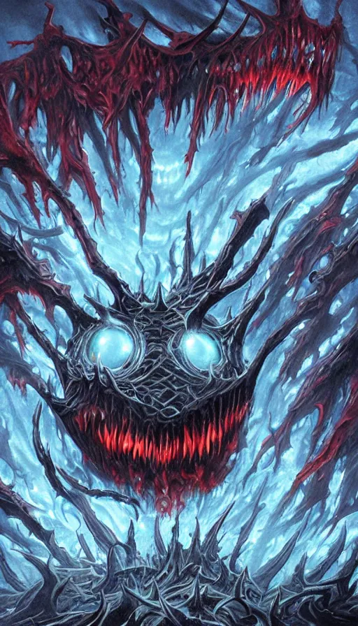 Image similar to a storm vortex made of many demonic eyes and teeth, from magic the gathering