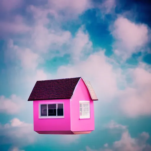 Image similar to dream a 5 0 mm lens photograph of a cute pink floating modern house, floating in the air between clouds, inspired by the movie up, held up from above by heart ballons. mist, playful composition canon, nikon, award winning, photo of the year