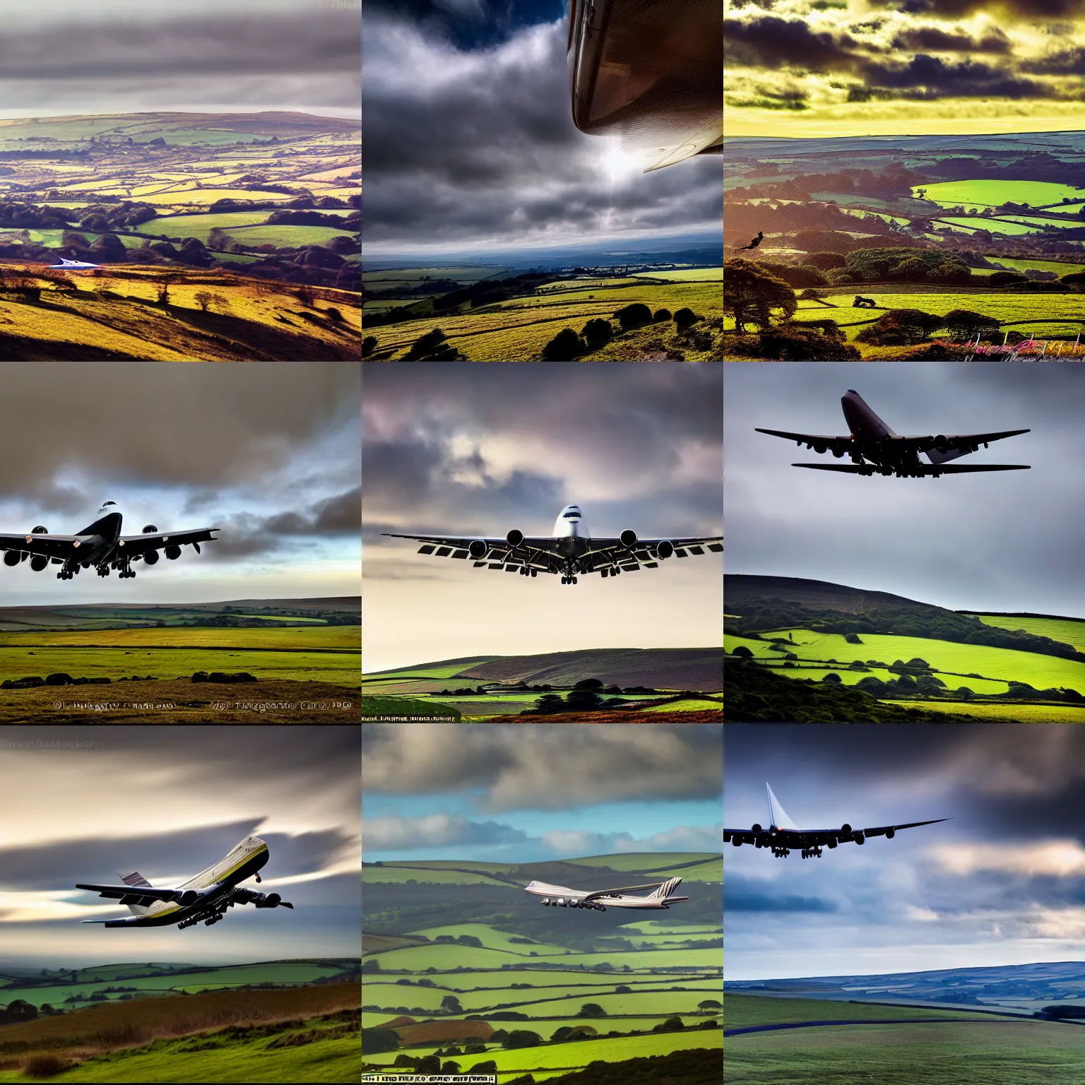Prompt: A Boeing 747 flying low over Dartmoor National Park, almost hitting the ground, HDR, dramatic lighting, award winning landscape photography