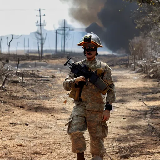 Image similar to a soldier with a glowing orange visor, a half-turn looks into the camera, bodies of the dead are scattered around, an fire in the background, 4k, details, dramatic pose