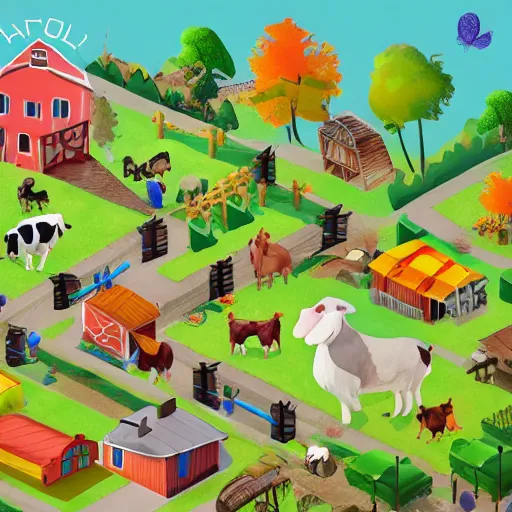 Prompt: a farm town game with lots of farm animals, a screenshot by cicely hey, artstation, magic realism, 2 d game art, isometric, full of details