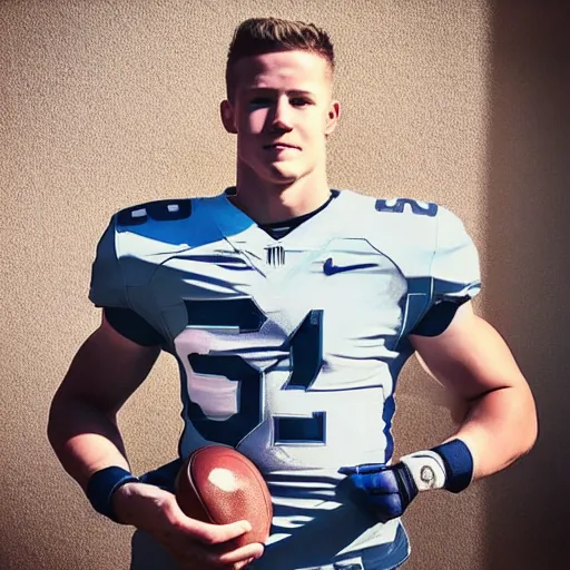 Image similar to “ a realistic detailed photo of a guy who is an attractive humanoid who is half robot and half humanoid, who is a male android, football player christian mccaffrey, shiny skin, posing like a statue, blank stare, on the field, on display ”