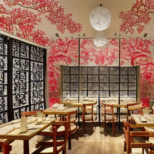 Image similar to a beautiful hyperdetailed 4 k hd wallpaper illustration interior of roasted string hotpot restaurant restaurant yan'an, wall painting, from china, with merchant logo, fine delicate structure, chinese style, victo ngai