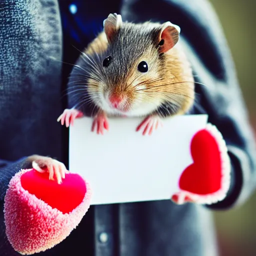 Image similar to detailed photo of a hamster holding a valentine's letter, various poses, full body, unedited, daylight, dof, sharp focus, 8 k