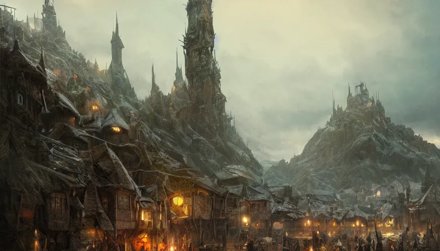 Prompt: a beautiful photo realistic still image of laketown from the movie the hobbit, warm colors, by greg rutkowski, trending on artstation, masterpiece,