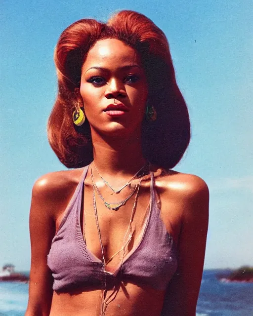 Image similar to a portrait of a 1 9 6 0 s hippie looking like rihanna