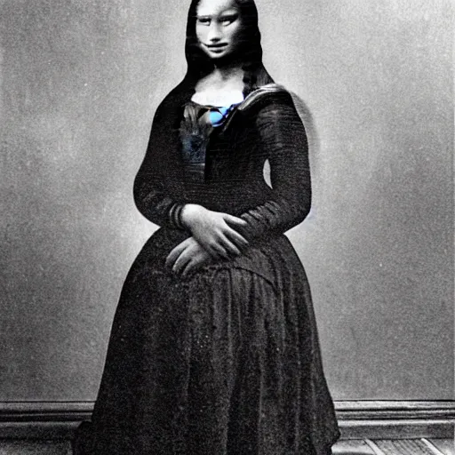 Image similar to a 1900sgrainy photo of Mona Lisa dressed in victorian clothes
