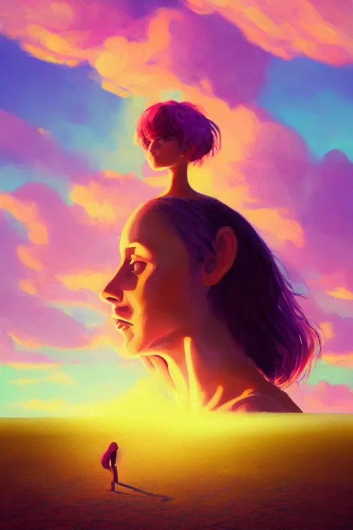 Image similar to closeup, giant lilac head, girl on beach, surreal photography, golden hour, colorful clouds, impressionist painting, digital painting, artstation, simon stalenhag