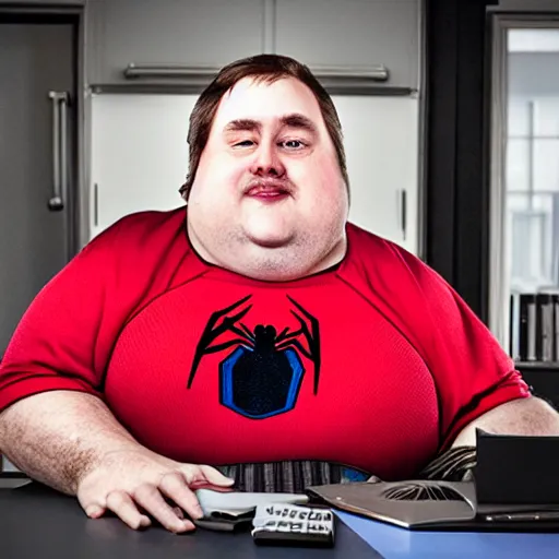 Image similar to portrait photo of old, fat spiderman working at a desk