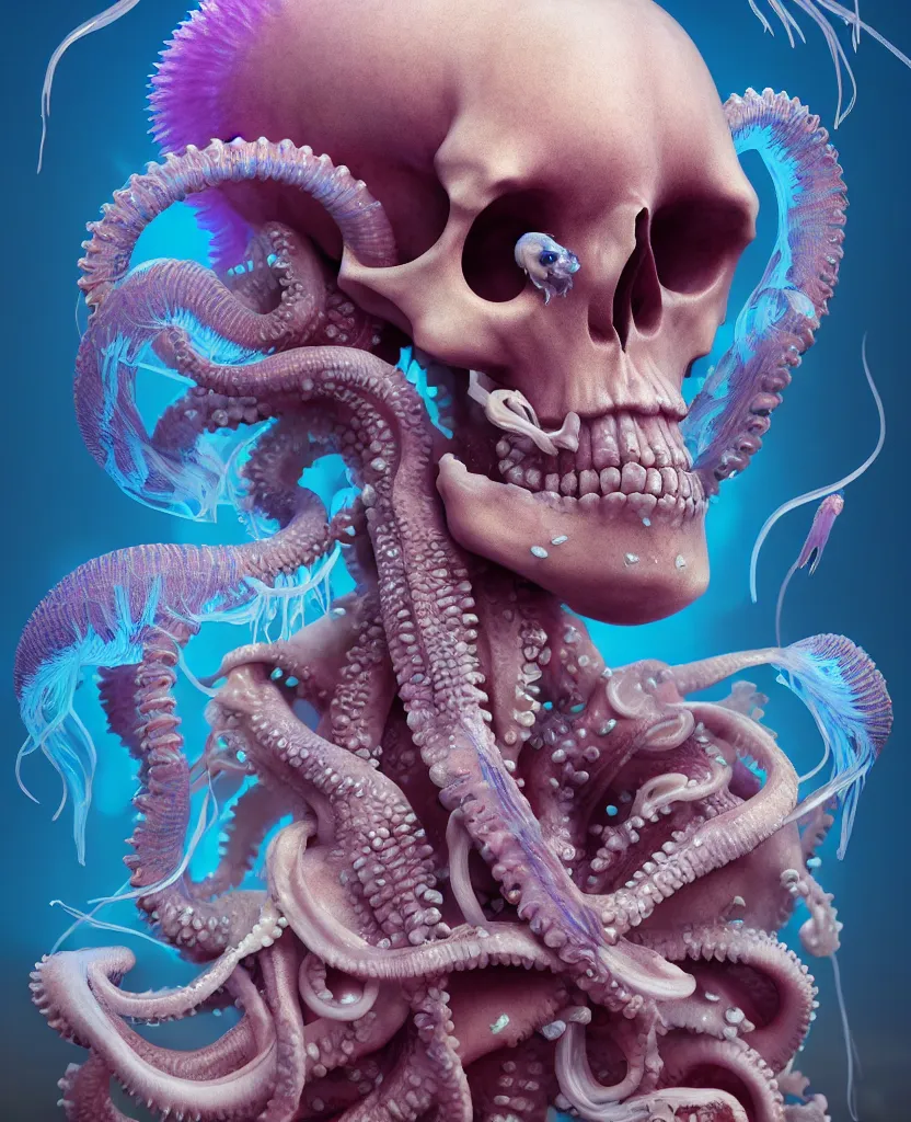 Image similar to goddess close - up portrait human skeleton, ram skull, octopus, jellyfish, orchid, betta fish, bioluminiscent, intricate artwork by tooth wu and wlop and beeple. octane render, trending on artstation, greg rutkowski very coherent symmetrical artwork. cinematic, hyper realism, high detail, octane render, 8 k