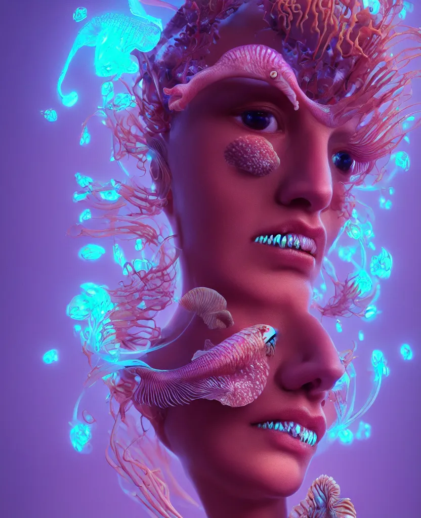 Image similar to goddess close-up face portrait. chimera orchid jellyfish phoenix head, nautilus, skull, betta fish, bioluminiscent creatures, intricate artwork by Tooth Wu and wlop and beeple. octane render, trending on artstation, greg rutkowski very coherent symmetrical artwork. cinematic, hyper realism, high detail, octane render, 8k