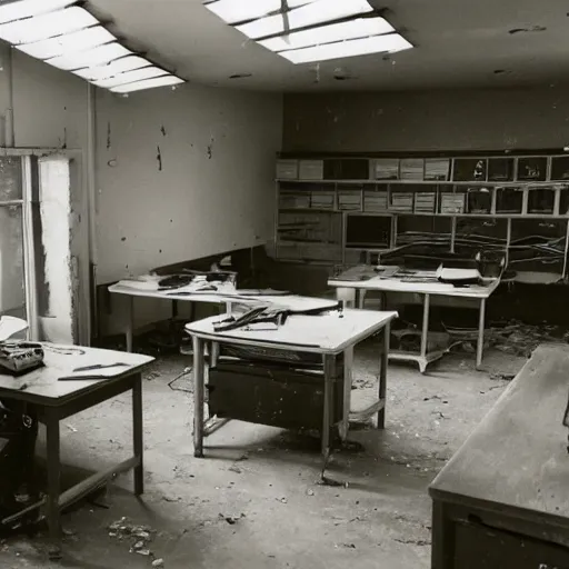 Image similar to wide angle shot of an abandoned computer lab from the 1 9 5 0 s