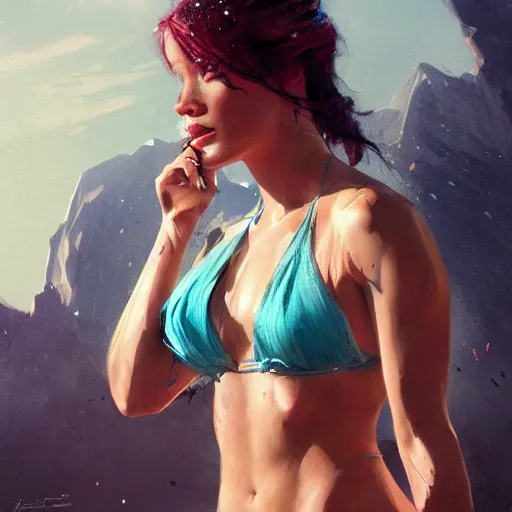 Image similar to halsey in a bikini, 8 k octane beautifully detailed render, post - processing, extremely hyper - detailed, intricate, epic composition, cinematic lighting, masterpiece, trending on artstation, masterpiece, stunning art by anders zorn, wonderful masterpiece by greg rutkowski, beautiful cinematic