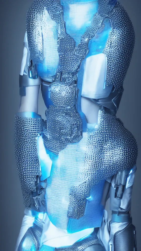 Image similar to full body shot of young punk woman dressed in futuristic cyberpunk clothing, soft blue light, by rineke dijkstra and artgerm, intricate details, highly detailed, masterpiece, 8 5 mm