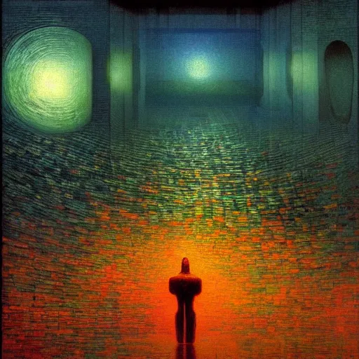 Image similar to The first artificial general intelligence awakens - award-winning digital artwork by Salvador Dali, Beksiński, Van Gogh and Monet. Stunning lighting