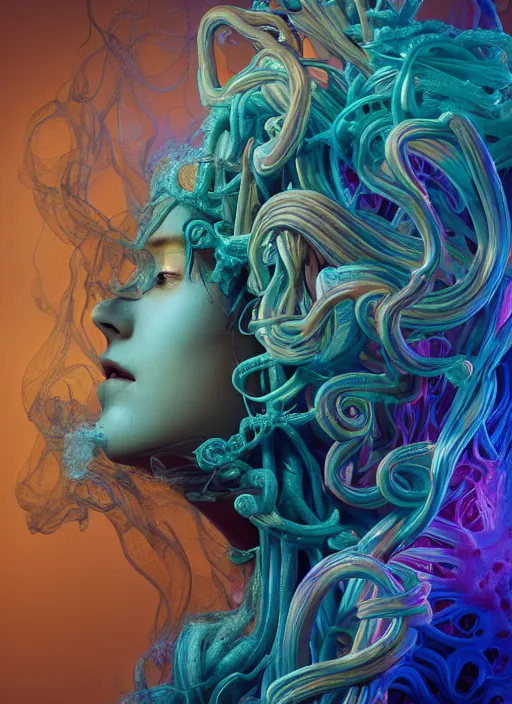 Image similar to subsurface scattering, medusa made of soft wax, cgsociety, translucent, wooden art nouveau swirls, biomechanical, colored smoke, gold cables, in the style of alberto seveso and beeple and giger, mystical colors, back light, rim light, dramatic lighting, 8 k, stunning scene, raytracing, octane render