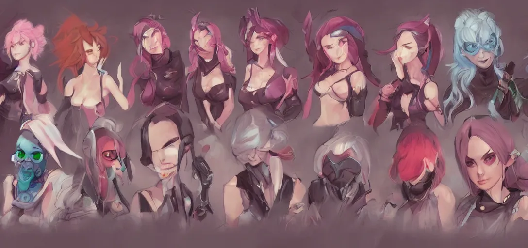 Image similar to concept art of egirl female video game characters head designs, wild, pastels, disgaea, flcl, overwatch, by marc brunet and artgerm