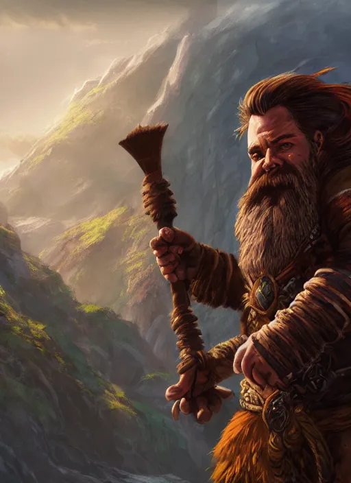 Image similar to A fantasy comic book style portrait painting of a dwarf warrior in a stunning fantasy landscape, unreal 5, DAZ, hyperrealistic, octane render, RPG portrait, dynamic lighting