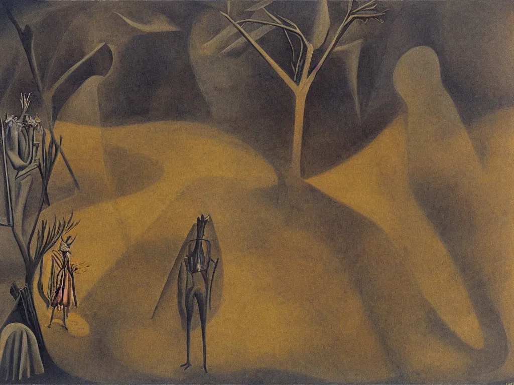 Image similar to scene with figure in the desert. painting by remedios varo