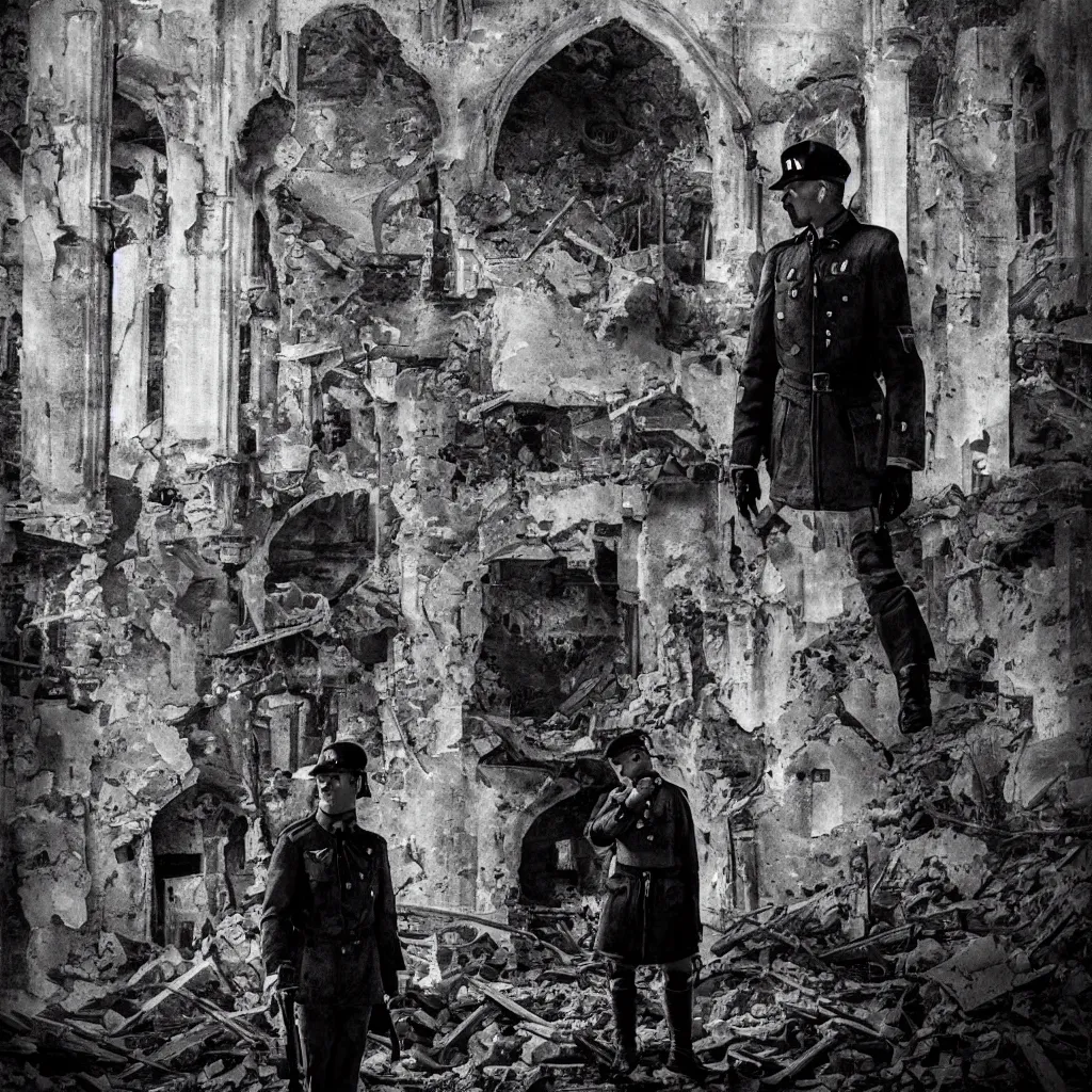 Prompt: dramatic portrait of a lone nazi soldier standing in the ruins of a synagogue church by bill sienkiewicz, hyperdetailed mixed media painting, dark atmosphere, hyperrealism, film noir, photorealism, high contrast 8k