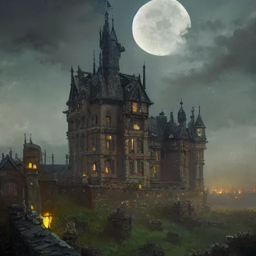 Image similar to a victorian setting, dramatic light, castle background, clouds, moon, storm, night, high detail, fantasy background, painted by greg rutkowski, digital art, trending on artstation