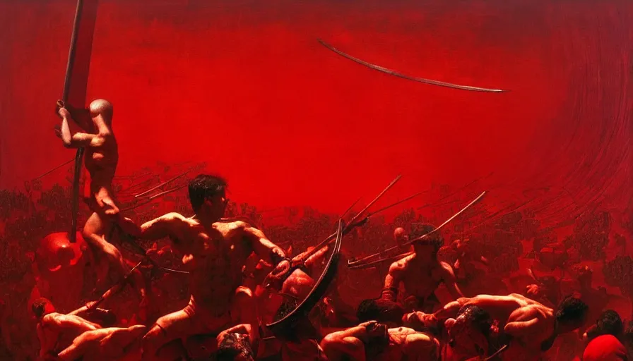 Image similar to only with red, bloody gladiator battle in a crowded roman amphitheatre, crowd cheering, in the style of beksinski and edward hopper and rodcenko and yue minjun and cory loftis, intricate and epic composition, red by caravaggio, highly detailed, masterpiece, red light, artstation, art nouveau