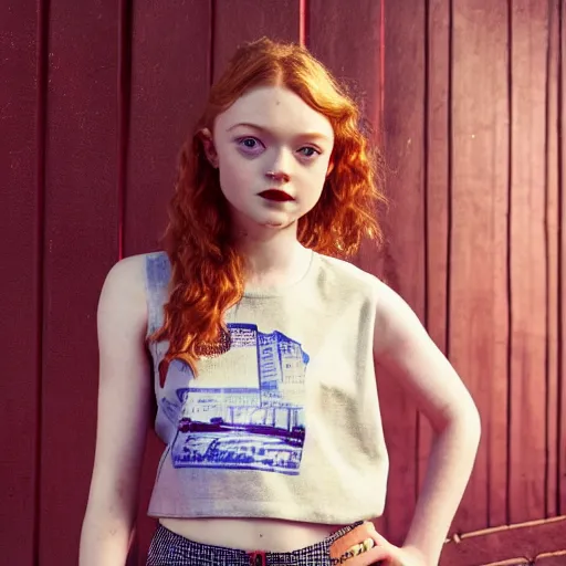 Image similar to sadie sink, portrait with buzzcut hair and city background, dieselwave clothing, dieselwave background aesthetic