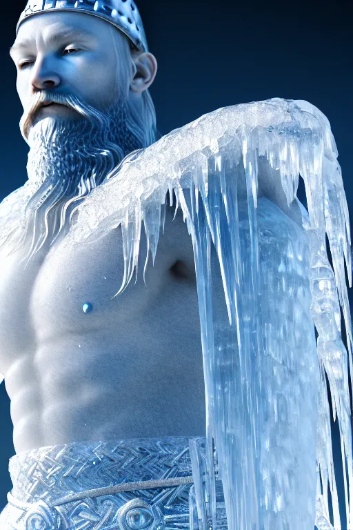 Image similar to photography of a hyper realistic clear ice statue of un unknow viking warrior god. stuning, intricate, complexe. snowy mountains dream landscape. professional digital art, unreal engine 5