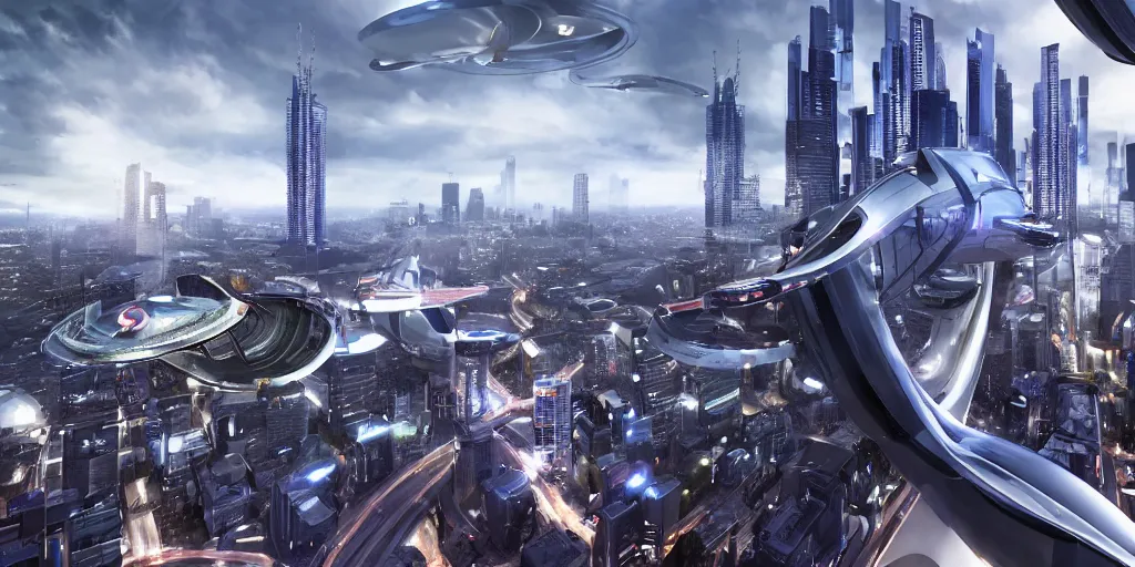 Image similar to Futuristic city of Melbourne viewed from a drone camera, partly cloudy sky, flying cars, hyperloop trains, beautiful and futuristic architecture by Stephan Martiniere, Octane render, VRay