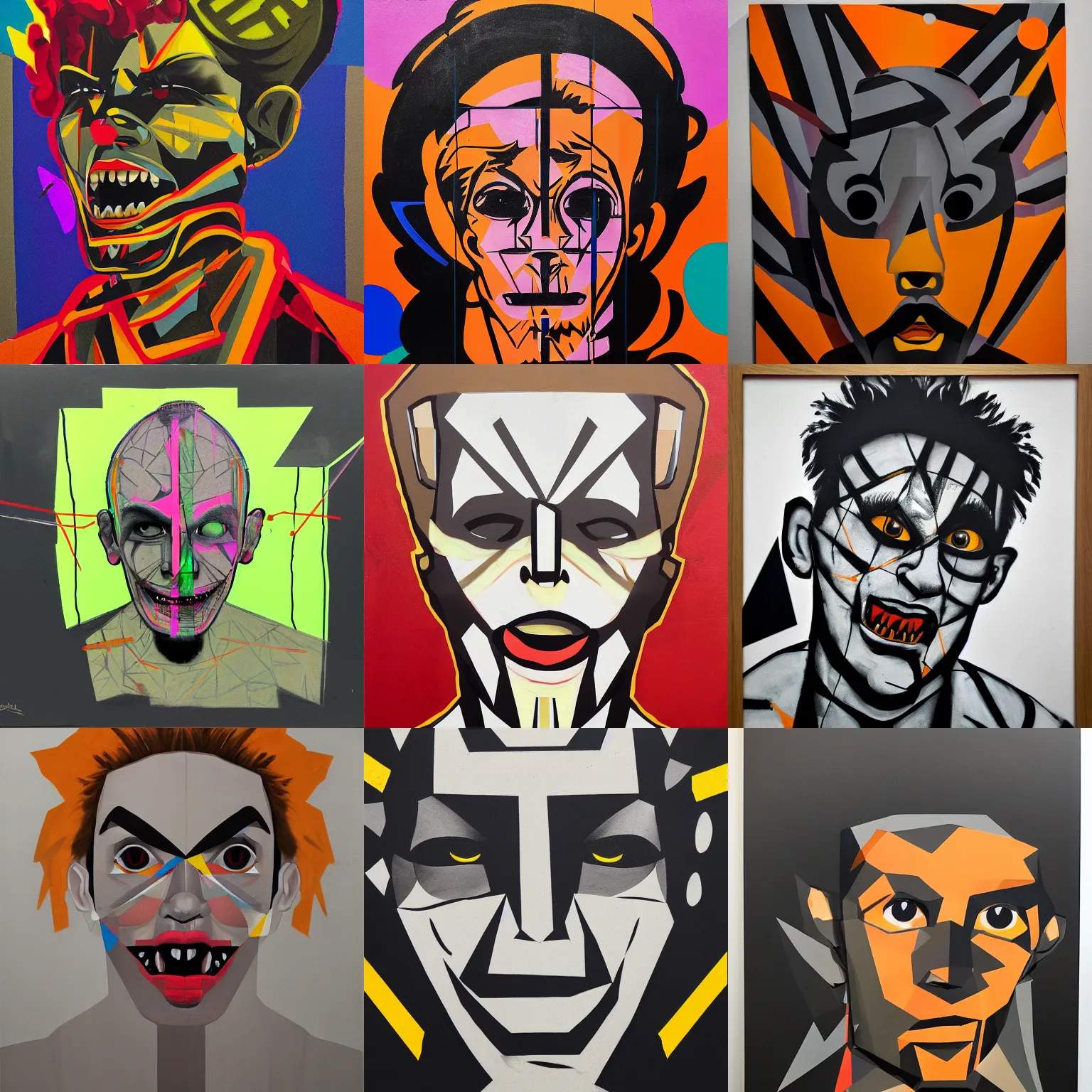 Prompt: Portrait of Junkrat, geometric shapes, spray paint, black lines, modern museum art