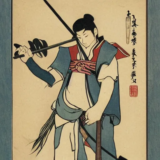 Prompt: fantasy portrait of a flying japanese warrior with wooden shinai, art by kano