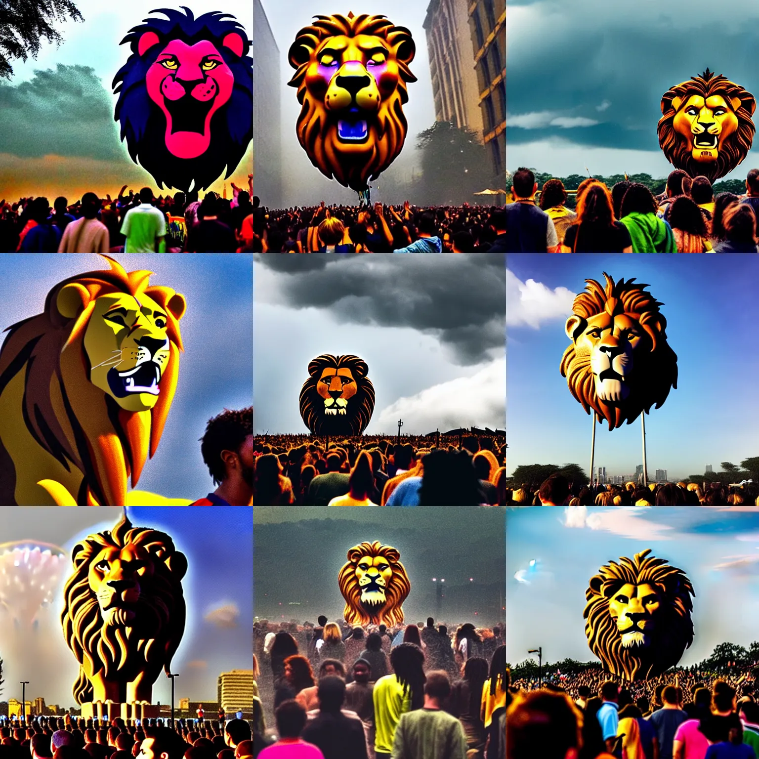 Prompt: people standing in the toxic rain worship the giant cartoon lion head of king mufasa fly from the epic magical skies, king mufasa fly in sky