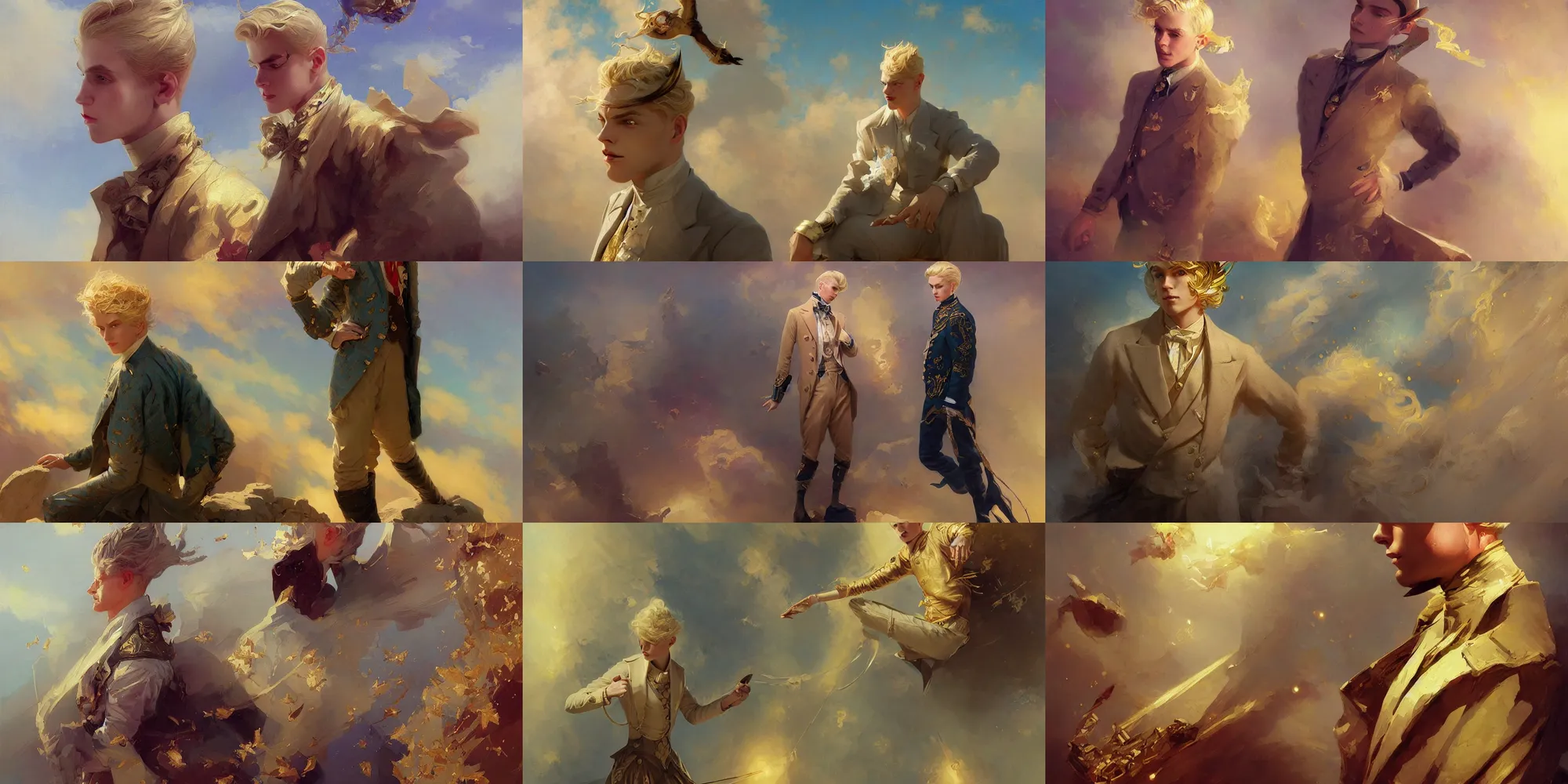 Prompt: beautiful young male character, blonde hair, gold, 1 9 2 0 s fashion, fantasy, art by joseph leyendecker, peter mohrbacher, ivan aivazovsky, ruan jia, reza afshar, marc simonetti