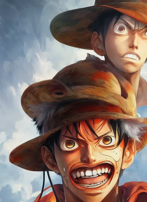 Image similar to a professional digital art of luffy, symmetrical facial features, intricate, concept art, sharp detail, smooth render, art style by Ruan Jia and Mandy Jurgens and Ian Spriggs and William-Adolphe Bouguerea