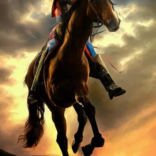 Image similar to a resplendant impressive portrait of a noble horse rearing up. fantasy art, alex ross, heroic lighting, very very very beautiful raytraced rendering