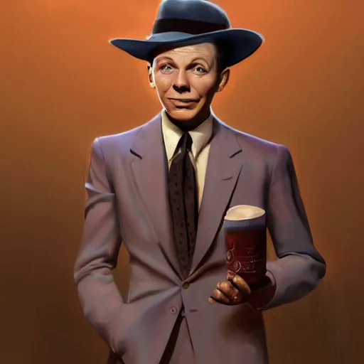 Image similar to perfect composition, subdued color palette, award-winning concept art, detailed digital painting, airbrushed, low contrast: costume design for young Frank Sinatra as a poor 1950s bartender. Volumetric cinematic lighting, great attention to perfect anatomy, special attention to posing, great attention to realistic facial expression, faithful cinematic color scheme, perfectly coherent. In the style of: Greg Rutkowski, Francis Bacon, Syd Mead, Norman Rockwell, Beksinski, Edward Hopper, James Gilleard, Ilya Kuyshinov, WLOP, Stanley Artgerm, Takato Yamamoto, and James Jean.