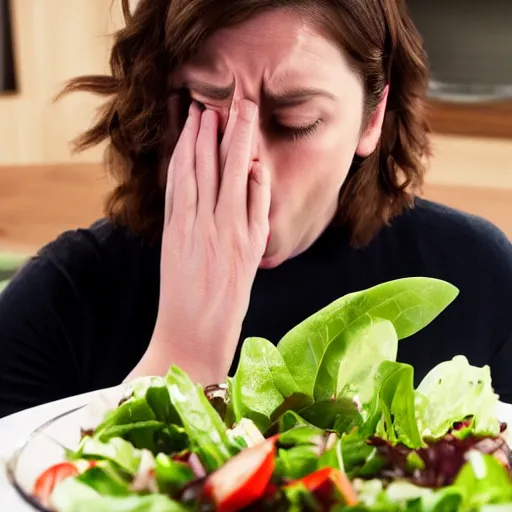 Image similar to rachel bloom sneezing on a salad, ultra detailed, 8 k resolution, ultrarealistic