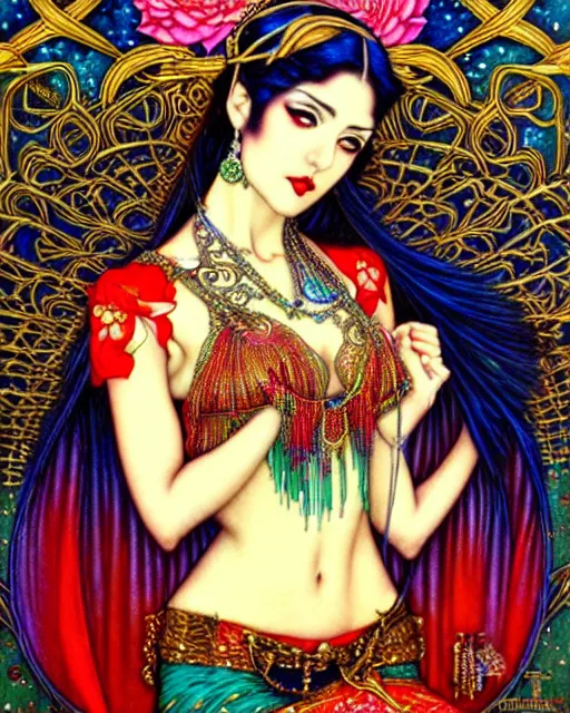 Image similar to beautiful and playful bellydancer, art nouveau, fantasy, intricate oriental designs, elegant, highly detailed, sharp focus, art by chie yoshii